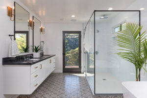 Contemporary style bathroom with recessed lighting over walk-in shower