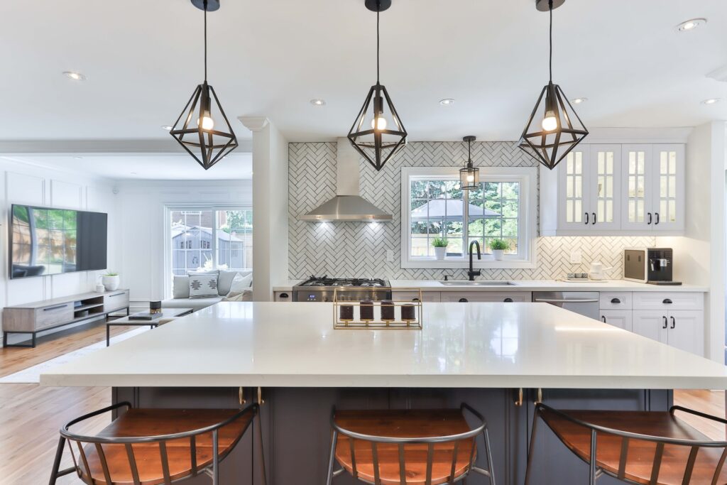 Pendant lights installed over a kitchen island