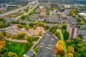Aerial View of the Suburb of Brooklyn Center, Minnesota