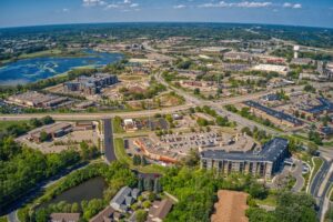 Aerial View of the Shopping District of Eden Prairie, Minnesota during Summer
